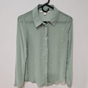 LC Lauren Conrad Green Embellished Long Sleeve Blouse